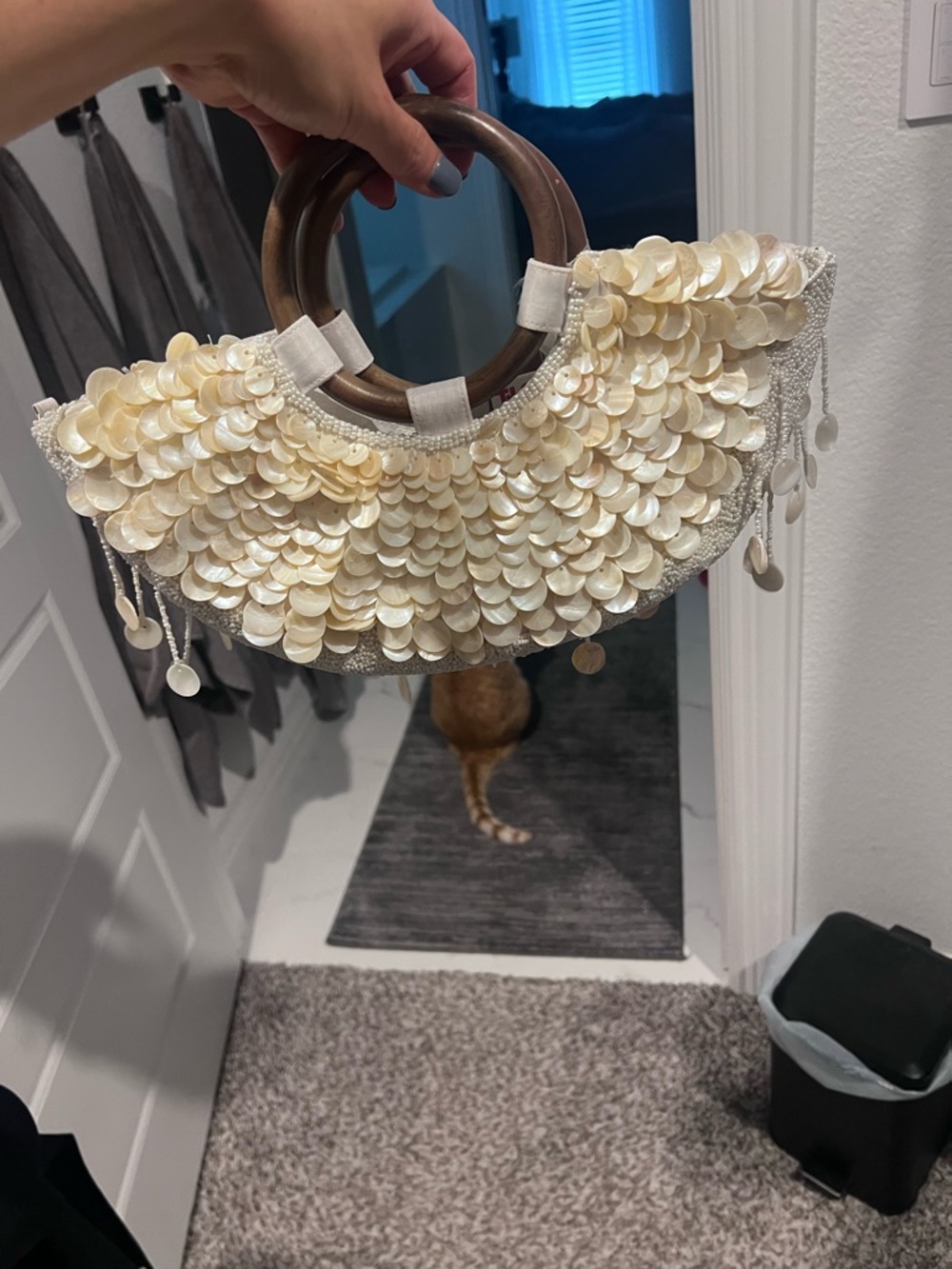 Cream Sequin Shell-Embellished Handbag with Wooden Handles